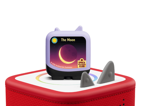 Toy set with a red base and a purple moon-themed object on a white background