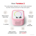 Toniebox 2 audio player with features listed on a white background