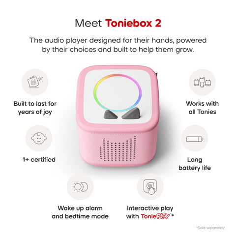 Toniebox 2 audio player with features listed on a white background