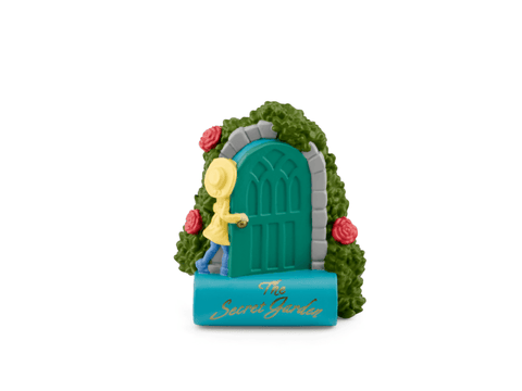 Decorative door with 'The Secret Garden' text and character on a white background