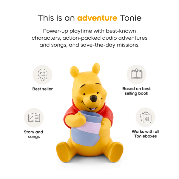Toy figure of a bear holding a book with text about adventure Tonie products on a white background