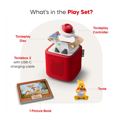 Tonie toy set with Toniebox 2, Tonieplay Disc, Tonieplay Controller, and a picture book on a white background.