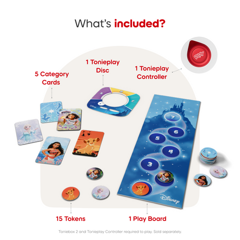 Toy set with cards, disc, controller, tokens, and play board on a white background