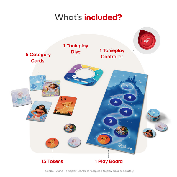 Toy set with cards, disc, controller, tokens, and play board on a white background