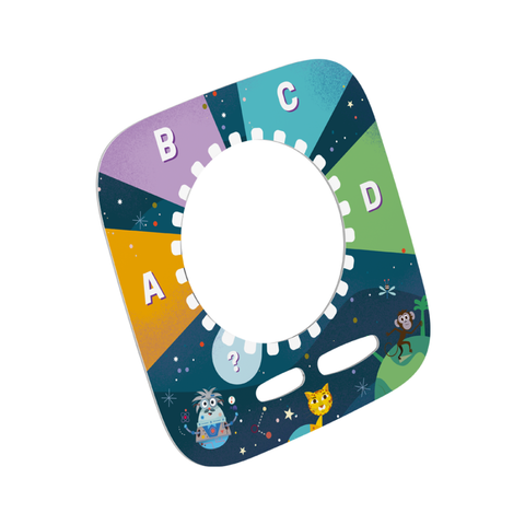 Colorful children's game with cartoon characters and letters on a white background