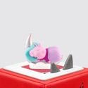 A sleepy pink Peppa Pig on a silver moon on top of a Red Toniebox.