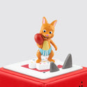 Tonies Character Word Party Baby Kangaroo with a aqua diaper holding a red balloon on top or a red Toniebox.