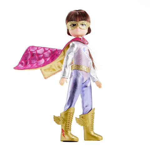 Lottie in Metallic All-in-One Suit with a Belt, Pink and Gold Metallic Cape, Sparkly Gold Mask, Fabulous Winged Boots