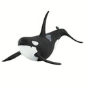 This hand-painted Orca figurine measures 6" from nose to tail, and is 3" tall at the tip of its dorsal fin. It's a little larger than a can of cola. Its colors are black above contrasted with white below, and features the whale's trademark white patches just above and behind each eye