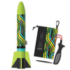 Green Rocket with matching carrying bag and launcher. The Rocket has a solid green top and fin. The tube of the rocket has lines of dark green, lime green, yellow, and aqua