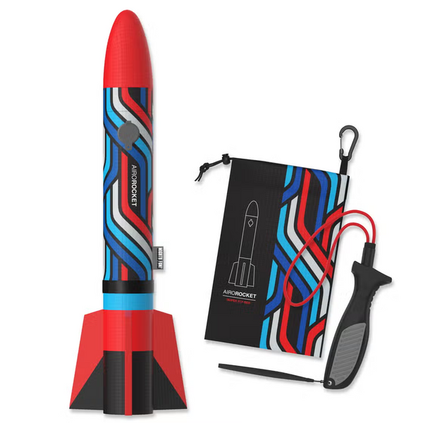 Red Rocket with carrying pouch and launcher. Rocket has a solid red Top and solid red Fin. The tube has Navy, blue, white, and red lines around it