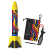 Yellow Rocket with carrying pouch and launcher. Rocket is Yellow with Blue, Red, Orange, and Yellow lines around the tube with a Yellow solid top and yellow solid fin