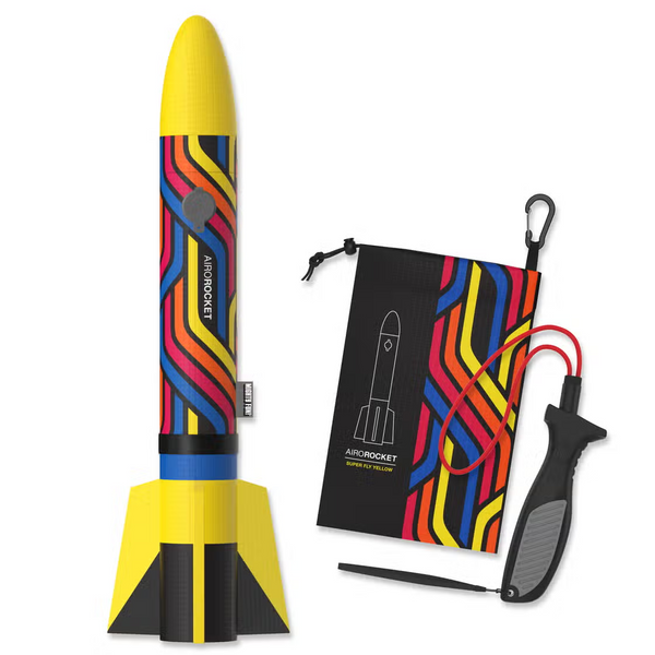 Yellow Rocket with carrying pouch and launcher. Rocket is Yellow with Blue, Red, Orange, and Yellow lines around the tube with a Yellow solid top and yellow solid fin