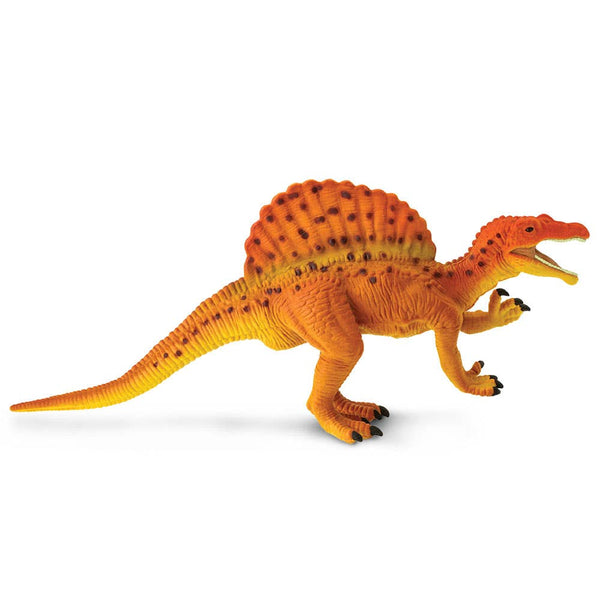 Our Great Dinos Spinosaurus toy is 11 inches long and 6 inches high, and features a vibrant orange and yellow paint scheme, with black spots on its neck, sail, and tail.