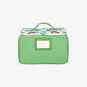 back of Lunch Bag in a Dinosaur Print with Green Trim and has a name tag