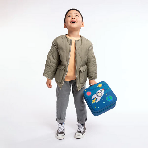 Boy holding Blue carrying case