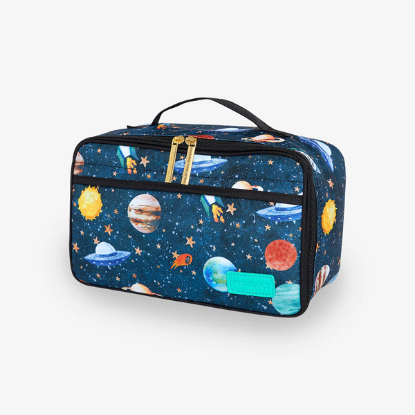  lunch bag with a cosmic scene of planets, stars, and rockets