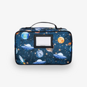  lunch bag with a cosmic scene of planets, stars, and rockets. Includes Zipper front pocket, water reistant insulated lining and an exterior name tag holder