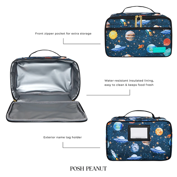  lunch bag with a cosmic scene of planets, stars, and rockets. Includes Zipper front pocket, water reistant insulated lining and an exterior name tag holder