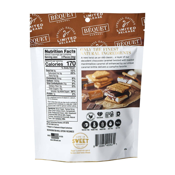 Béquet caramel product packaging with nutritional information and images of the product.