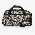 Duffle bag with black straps and seams complete with gold hardware. The print is a Tan Leopard print