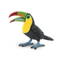 Toucan with open red, green, and orange beak. Yellow face with green eyes and black feathers. Blue Feet.