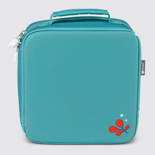 Back of teal carrying case with a small red leaf in the bottom corner