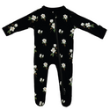 Footie PJ in An all-over floral print featuring small white magnolias with their leaves and stems contrasting vividly against a black background color called Midnight.
