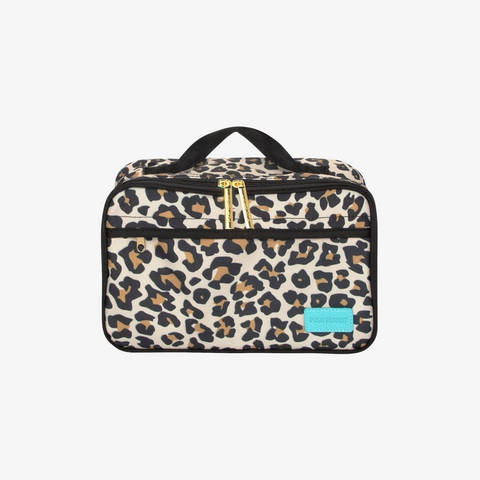 Lunch bag with tan leopard print. Black trim and gold hardware