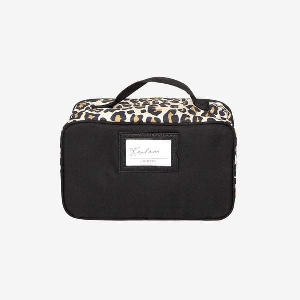 Lunch bag with tan leopard print. Black trim and gold hardware and exterior name tag holder