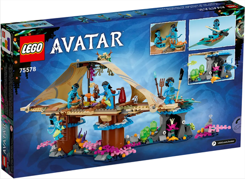 Avatar set in the box. Includes a Metkayina village home with details from the Avatar: The Way of Water movie, plus a canoe, Pandoran reef setting and Neytiri, Kiri, Ronal and Tonowari minifigures.
