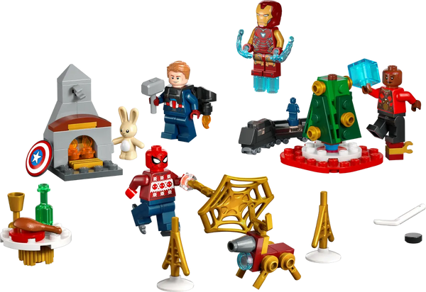 Advent calendar items included. Iron Man, Captain America, Spiderman, and other pieces.