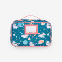 Lunch bag with pink trim, gold hardware. Blue background with Unicorns flying through space with a clear glass space helmet and exterior name tag holder