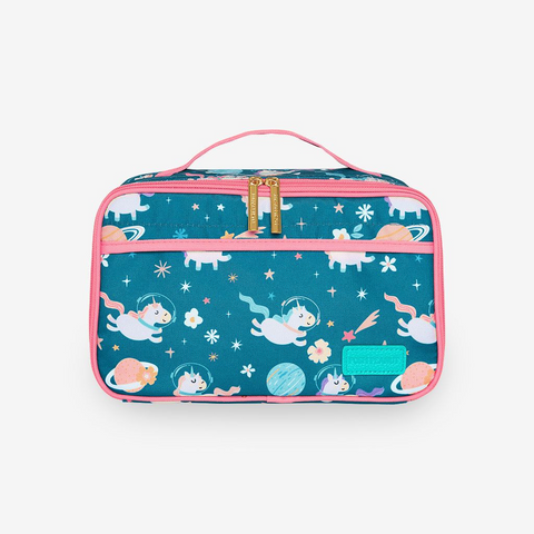 Lunch bag with pink trim, gold hardware. Blue background with Unicorns flying through space with a clear glass space helmet