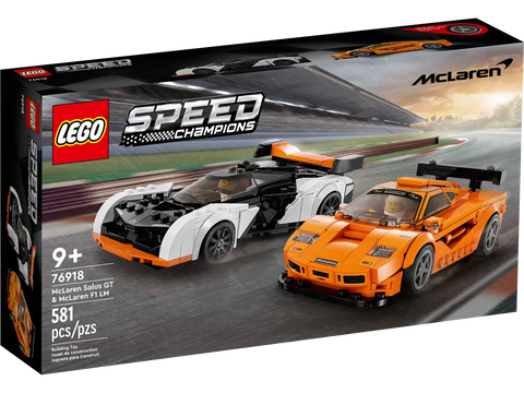 LEGO box with picture of 2 McLaren race cars. One is Orange and One is White.