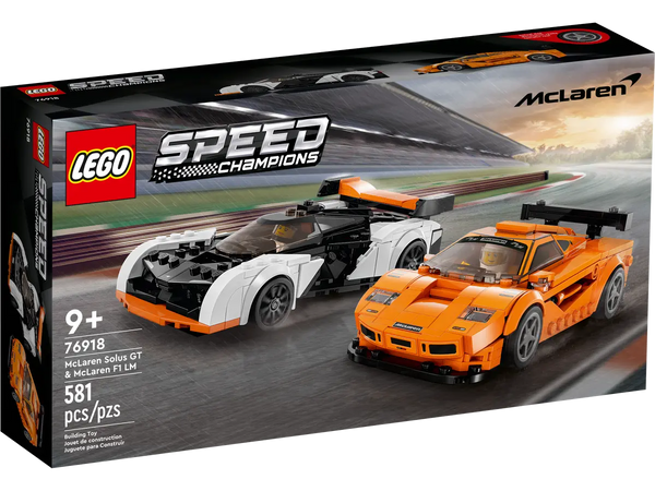 LEGO box with picture of 2 McLaren race cars. One is Orange and One is White.