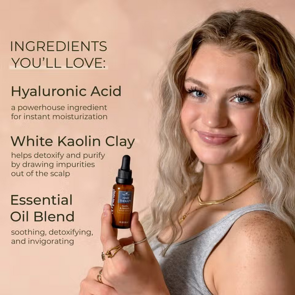 Girl holding glass bottle with print that says " Ingredients you'll love: Hyaluronic Acid, White Kaolin Clay, and Essential Oil Blend