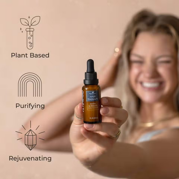 Girl holding glass bottle listing that this product is Plant Based, Purifying, and rejuvenating