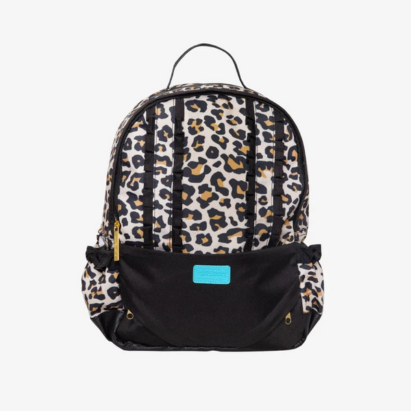 Leopard print back pack with solid black front pocket and ruffle seams