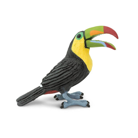 Toucan with open red, green, and orange beak. Yellow face with green eyes and black feathers. Blue Feet.