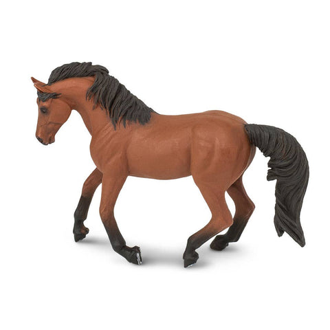 Morgan horses don't have a standard color, so this bay mare with black mane and tail is one of many possible representations of the breed. The figure measures 6 inches long, about the same as a pencil.