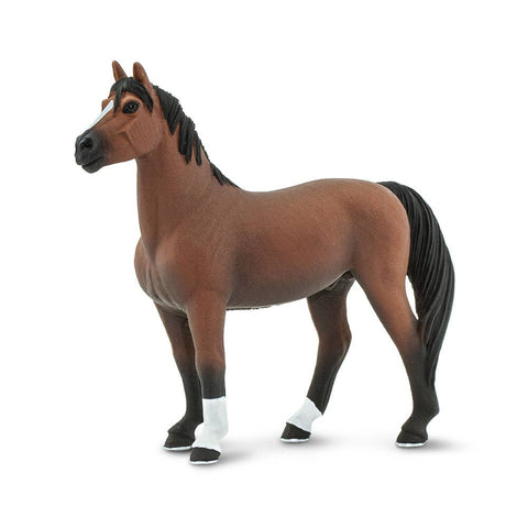 This Morgan Stallion figure is 4 ¾ inches long and 4 ¼ inches tall to the top of its ears. It's about the size of a standard 11-ounce ceramic mug. This horse features a chestnut brown coat with a black nose, mane and tail. He's got two black socks and two white socks, and his hooves are black with silver shoes