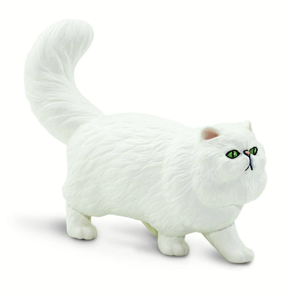 Its coat is white, its ears and nose are peach-colored, and its eyes are green.