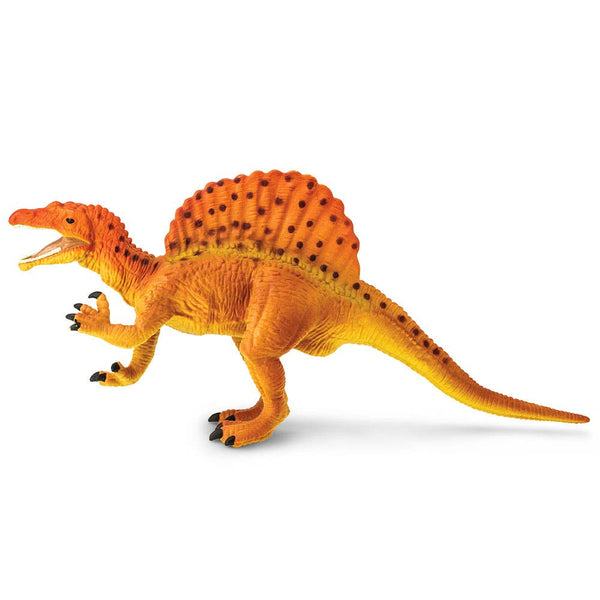 Our Great Dinos Spinosaurus toy is 11 inches long and 6 inches high, and features a vibrant orange and yellow paint scheme, with black spots on its neck, sail, and tail.