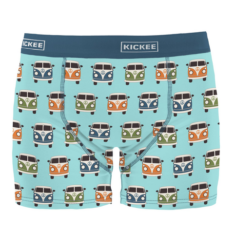 These boxers have a solid deep blue sea waist band. The Boxers have a solid aqua background with Vantage Vans with a peace symbol on the front of each one. The colors of the vans are in straight lines across and down the boxers in the following colors; Blue, Orange, Blue, Green, etc.
