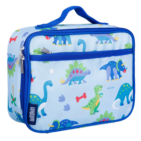 Light Blue background with Dark blue trim. The Print has colorful cute cartoon dinos with bones and footprints