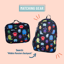 Black background with colorful cartoon monsters with matching backpack