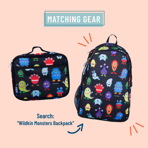 Black background with colorful cartoon monsters with matching backpack