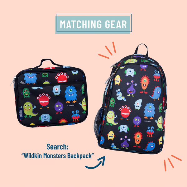 Black background with colorful cartoon monsters with matching backpack