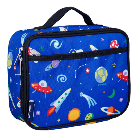 Navy blue background with black trim. The Print has spaceships, rockets, planets and galaxies
